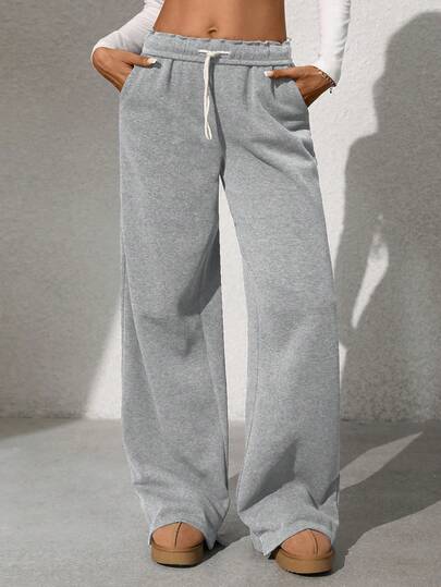 SHEIN PETITE Pantalones de chándal de tiro bajo con cintura con cordón y bolsillos sesgados, pernera recta y ancha con abertura en el bajo, sueltos, para mujeres altas, de estilo casual, deportivo y académico, versátiles para ir y venir, usar en casa y al aire libre en otoño/invierno, de color gris oscuro