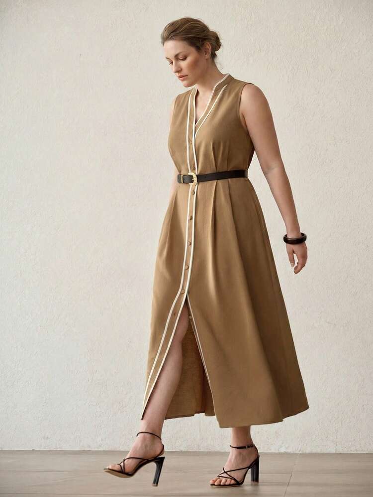 PLUS SIZE WOMEN'S CONTRAST PIPING NOTCH NECK LONG ELEGANT DRESS, SPRING/SUMMER