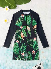 SHEIN Bộ đồ bơi liền thân in họa tiết hoa lá dành cho bé gái tuổi teen, thích hợp cho kỳ nghỉ biển, tiệc bể bơi, tiệc bãi biển. - trắng - Xem 4
