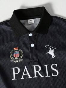 SHEIN 男童印花Polo衫+配套短裤两件套，百搭舒适，适合日常穿着、户外活动、旅行、上学、春夏穿着。 - 黑色 - 查看 5