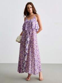 CielaLinda Đầm maxi hai dây xếp nếp in hoa dành cho nữ - Màu tím hoa cà - Xem 6