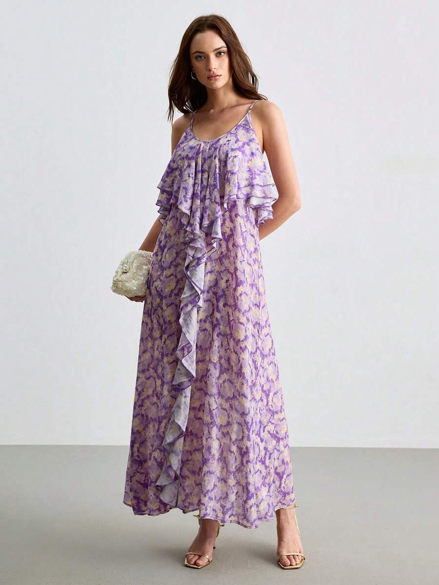 CielaLinda Women's Floral Print Ruffle Cami Maxi Dress - Mauve Purple - View 1