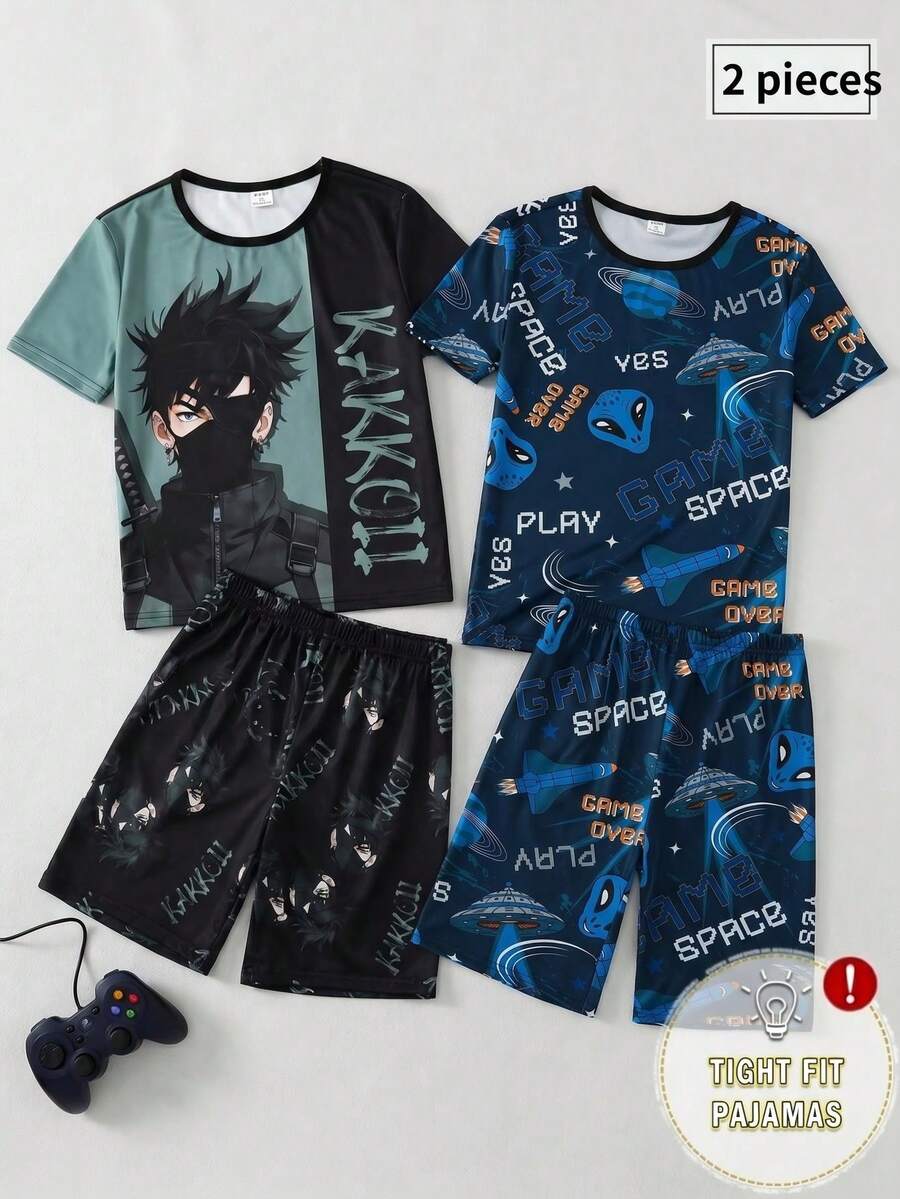 Blue Minimalist Astronaut Letter Print Short Sleeve & Shorts 2 Pieces Pajama Set For Teenage Boys - Blue - View 1
