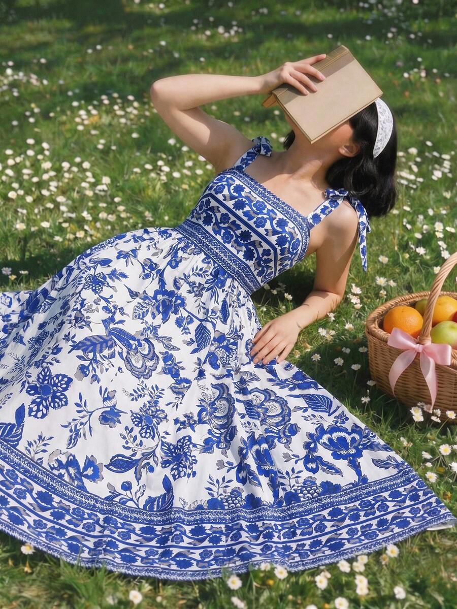 Sunnyshic Vestido de fiesta de moda de lujo con estampado azul y blanco de flores, estilo vintage elegante sin mangas con lazo en la cintura, para mujer de talla grande, para primavera/verano, para fiestas y vacaciones - Azul y blanco - Ver 1