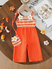 SHEIN Playful Pals 女童甜美清新雏菊装饰条纹拼接无袖连体衣套装，含包包，宽松舒适，适合日常外出、休闲旅行、家庭聚会、拍照等夏季穿着。 - 橘色 - 查看 3