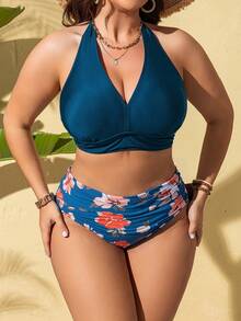 SHEIN Swim Curve 1 conjunto de traje de baño de talla grande para mujer con estampado aleatorio, bikini con corpiño de cordones, conjunto casual de dos piezas para vacaciones de verano en la playa - Multicolor - Ver 3