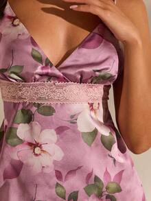 Opulessa Camisola asimétrica de mujer con encaje de contraste estampado y tejido para vacaciones de primavera/verano - Rosa - Ver 2