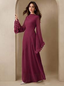 Graceveil Vestido largo elegante de mujer con diseño de manga con volantes de parche de gasa rosa - Burdeos - Ver 4