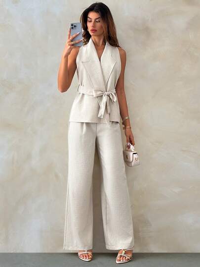 SHEIN Women Linen Detailed Regular Fit Vest And Pant Sets