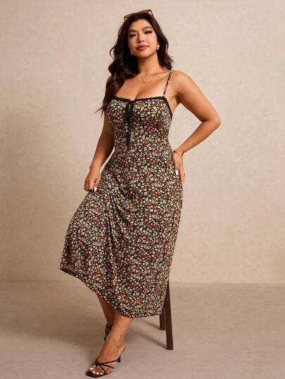 Elaquor Plus Size Women Floral Print Lace Trim Casual Party Slip Dress