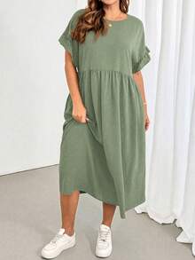 Shapeblank Plus-Size Women's Sage Green Summer Smart Casual Holiday Midi Dress,Ruffled Sleeves Pocket Loose Comfortable Everyday Basic Versatile Style - Mint Green - View 4