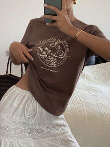 DAZY Camiseta de manga corta con gráfico de eslogan de verano - Marrón - Ver 4