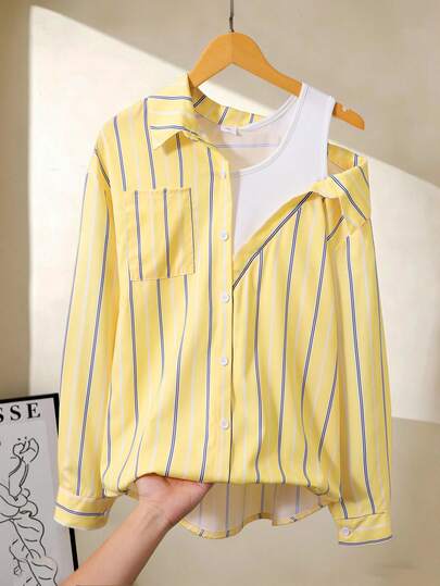 1pc Teenage Girls' Collared Oblique Shoulder 2 In 1 Vertical Striped Long Sleeve Shirt, Suitable For Casual And Work Wear, Spring/Summer