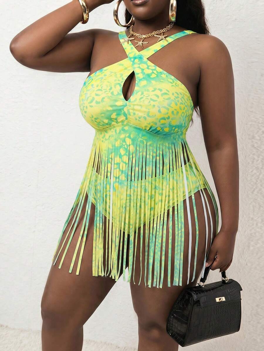 Slaydiva Áo bikini cỡ lớn dành cho nữ, thiết kế tua rua họa tiết da báo nhiều màu sắc mới năm 2026, thích hợp cho kỳ nghỉ biển. - Nhiều màu - Xem 1