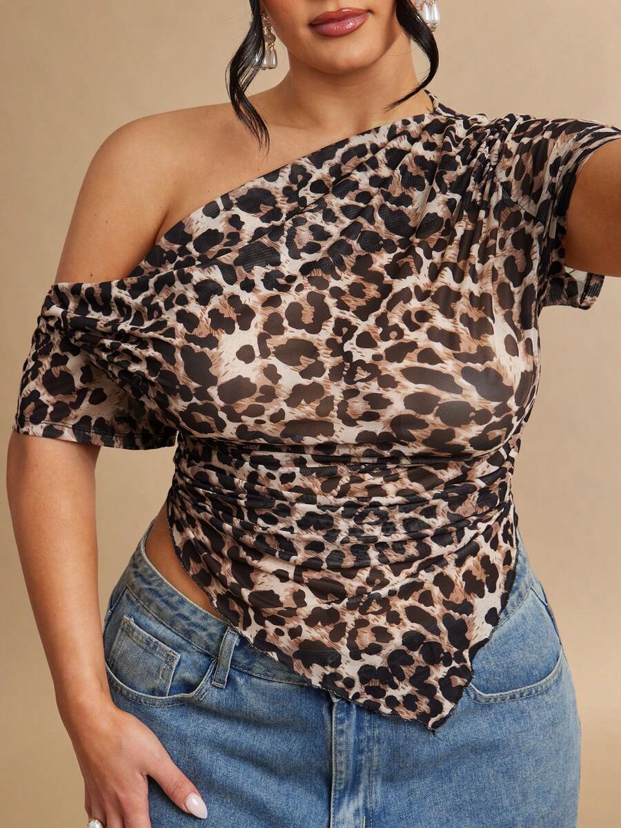 SHEIN BAE 大码女式不对称豹纹印花衬衫 - 彩色 - 查看 1