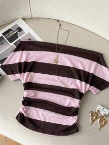 SHEIN EZwear 女士条纹针织露肩T恤 - 彩色 - 查看 3