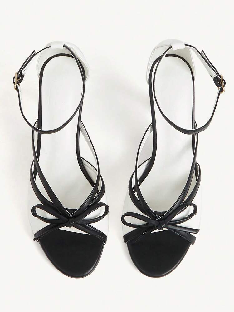 CUCCOO CHICEST Women Shoes Black And White Contrasting Temperament Bow Decorative Round Head High Heel Sandals