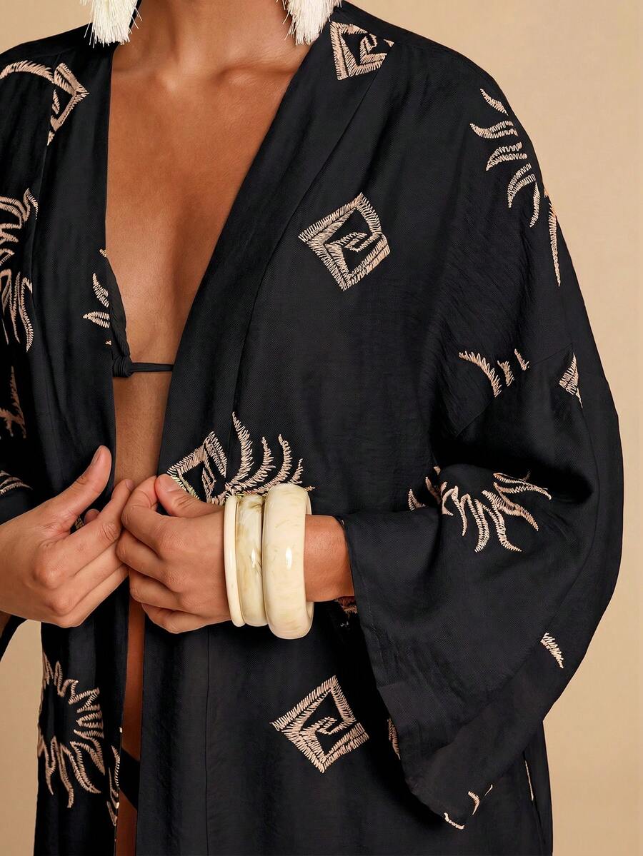 Travachic Women's Leaf Embroidery Pattern Casual Vacation Kimono - Black - View 1