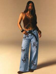 Athîral Denim Quần jeans nữ dáng rộng, ống thẳng, in họa tiết - Rửa nhẹ - Xem 3