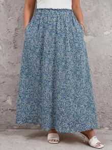 Reflora Plus Size Summer Pink Densely Printed Flared Comfortable Skirt - Blue - View 5