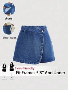 SHEIN Tall CURVE 大码女式纽扣腰蓝色牛仔短裙 - 中等水洗藍 - 查看 2