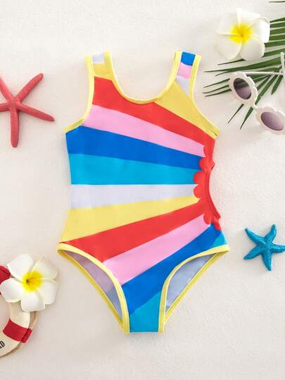 SHEIN Young Girl Color Block One-Piece Swimsuit, Suitable For Beach Vacation, Pool Party, Beach Party