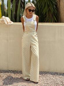 Livesso Bộ jumpsuit denim ôm dáng họa tiết hoa nhí bằng cotton dành cho nữ, thích hợp cho tiệc tùng, đi biển, kỳ nghỉ hè. - Màu be - Xem 6
