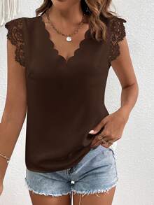 SHEIN VCAY Women's Solid V-Neck Casual Versatile Daily Wear Shirt,Summer Top - Brown - View 5