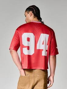 SUMWON Puerto Rico 94 Graphic Cropped Mesh Jersey V-Neck Short Sleeve Boxy Fit T-Shirt With Star Sleeve Print - Red - View 2
