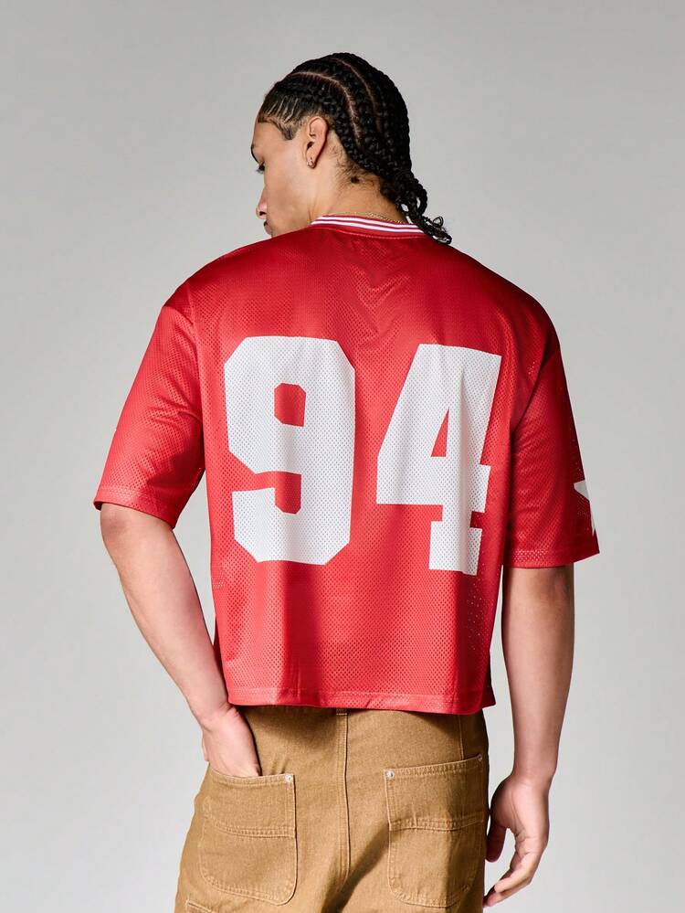 Puerto Rico 94 Graphic Cropped Mesh Jersey V-Neck Short Sleeve Boxy Fit T-Shirt With Star Sleeve Print