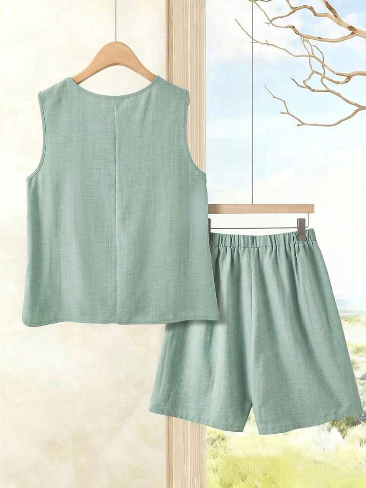 Plus Size Floral Embroidery Vest And Shorts 2 Pieces Set, Casual Holiday Outfit