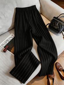 Franclia Women's Striped Casual Versatile Daily Wear Pants - Black - View 2