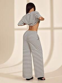 SHEIN PETITE Conjunto de 2 piezas de camiseta corta de rayas y pantalones casuales de verano para mujer - Albaricoque - Ver 6