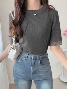 FRIFUL Women's Solid Color Round Neck Contrast Lace Short Sleeve Casual T-Shirt - Dark Grey - View 4