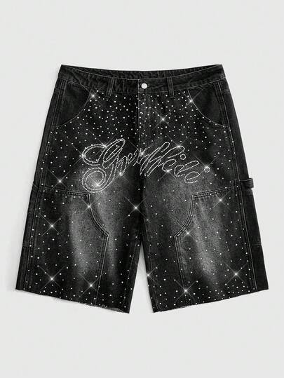 ROMWE MEN Street Life Quần short denim dáng suông rộng rãi, chất liệu dày dặn, đính đá lấp lánh, kiểu dáng vintage, dành cho nam giới.