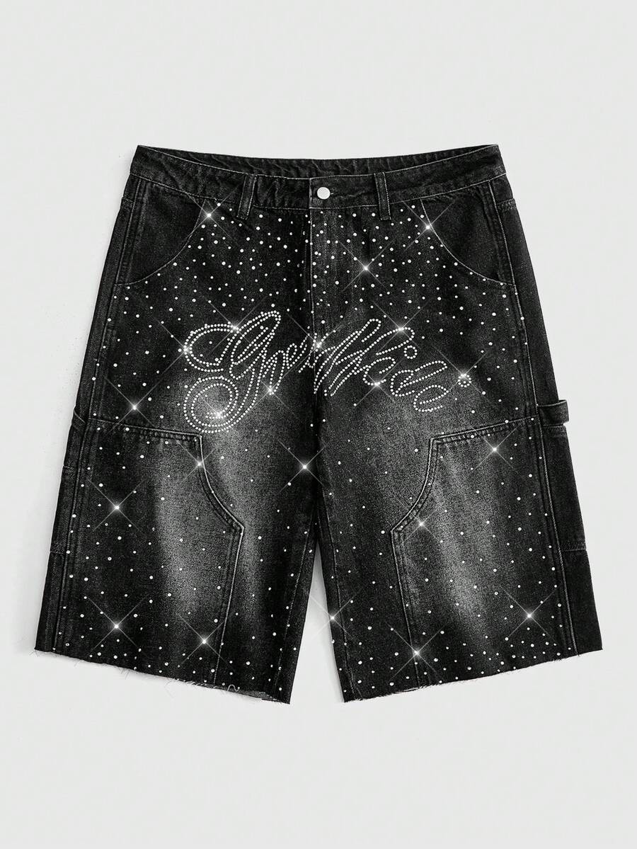 ROMWE MEN Street Life Pantaloncini di jeans casual con strass, lavati e vissuti, modello dritto ampio e pesante, per uomo - nero - Visualizzare 1