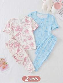 SHEIN Bộ đồ 4 món mùa xuân hè mềm mại và thoải mái cho bé gái, thời trang ngọt ngào với họa tiết nơ và kỳ lân, áo tay ngắn ôm sát và quần dài mặc nhà. - Nhiều màu - Xem 2