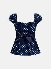 SHEIN Girlism 少女波点衬衫，休闲舒适修身夏季上衣，适合日常穿着、优雅派对、约会、家庭聚会、毕业典礼、度假等场合。 - 藏蓝色 - 查看 2