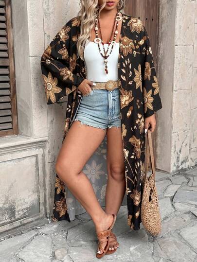 Ceyna Plus Size Women's Fashionable Elegant Black & Brown Botanical Print 3/4 Sleeve Long Jacket, Spring/Summer