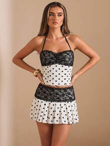 SHEIN BAE Women's Spring/Summer Polka Dot Pattern Lace Patchwork Vintage Elegant 2-Piece Set, Polka Dot 2-Piece Set - Apricot - View 5