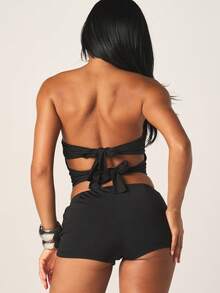 MISSGUIDED Top bandeau noir sans bretelles avec imprimé slogan blanc et détail de lien dans le dos pour les nuits d'été de festival et de club - Noir - Voir 3