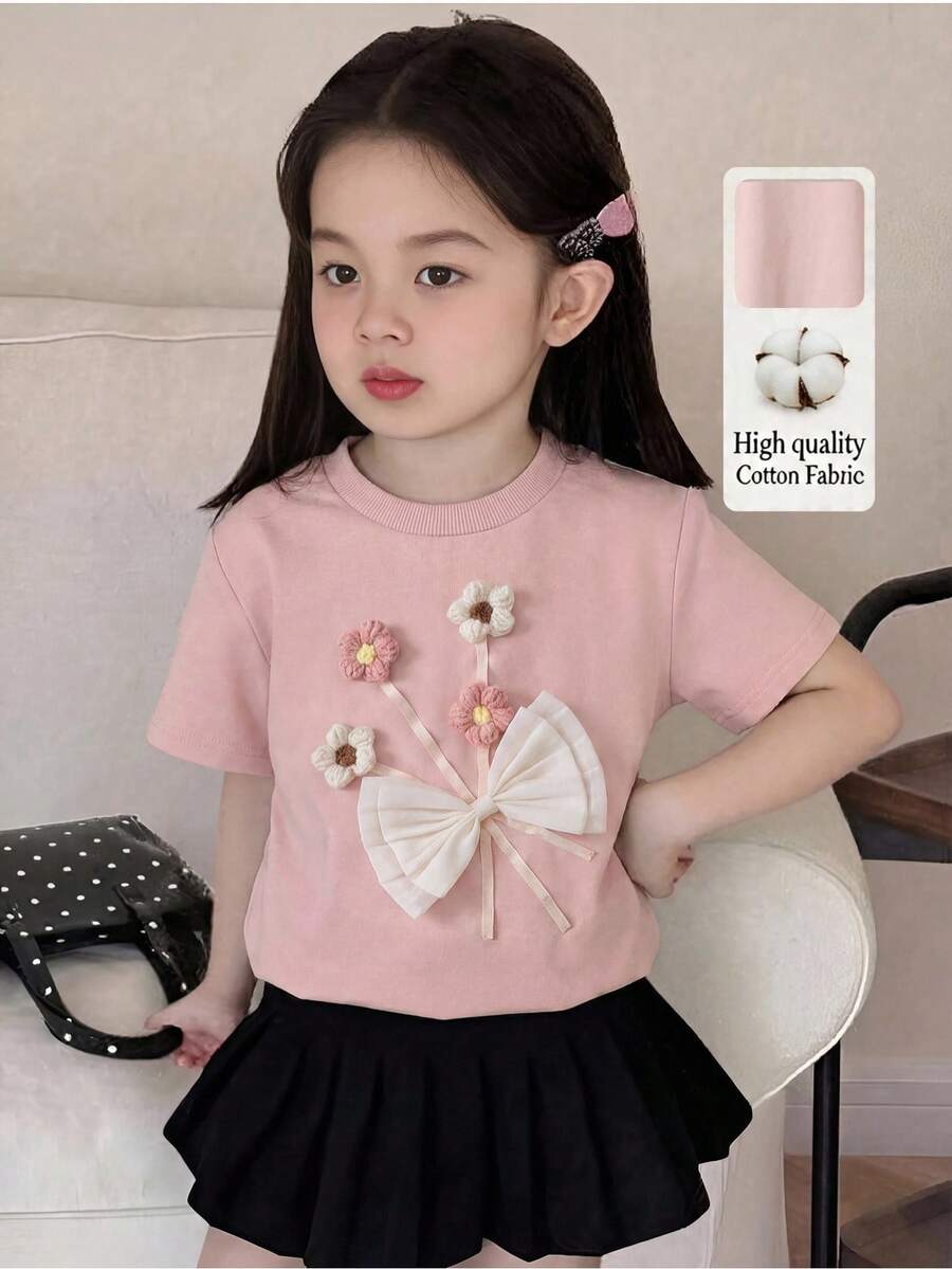 SHEIN Genkimix Kids 女童3D花朵蝴蝶结装饰圆领短袖T恤，夏季 - 粉色 - 查看 1