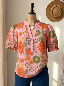Rusticease Plus Size Women's Pink Floral V-Neck Ruched Summer Boho Vacation Holiday Blouse,Loose Fit Vintage Country Short Sleeve Daily Wear Tops - Coral Pink - View 4