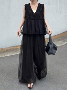 FRIFUL Women's Summer Solid Color Fuzzy Textured Fabric Patchwork Sheer Mesh Pleated Loose Casual Versatile Sleeveless 2-Piece Set - Black - View 6