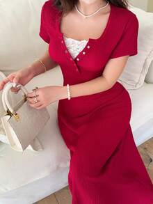 Feyla Women's Contrast Lace Short Sleeve Button Design Elegant Mid-Length Dress - Red - View 6