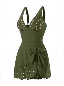 Swim Lushoire Mature Solid Color Cutout Ruffle One-Piece Swimsuit - Army Green - View 6