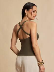 Silquee Women's Military Green Basic Ribbed Tank Top, Versatile Open Back Cross Design, Slim Fit, Suitable For Summer Wear, Commuting And Everyday Wear. - Green - View 2