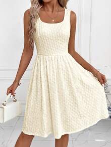 SHEIN Clasi Đầm nữ thanh lịch màu xanh dương họa tiết dệt nổi, không tay, dáng chữ A, thắt eo, chất liệu co giãn, phù hợp cho nhiều dịp - thường ngày, đi làm, du lịch, nghỉ mát, phong cách Bohemian. - Màu be - Xem 6