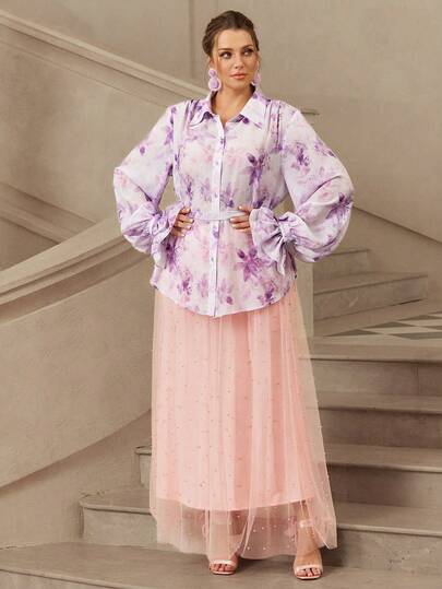 VOLUPTÉ CURVE Plus Size Women's Spring/Summer Purple Top Floral Print Ruffle Lapel Long Sleeve, Elegant Casual Vacation Country