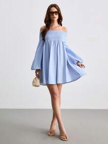CielaLinda Robe mini à manches longues et épaules dénudées pour femmes - Bleu azur - Voir 1